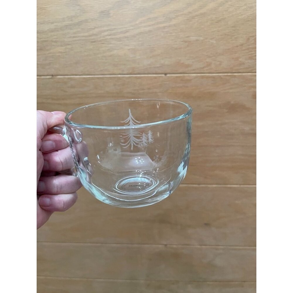EUC Starbucks 2014 Clear Glass Mug With Etched Tree Design 17 Fl Oz